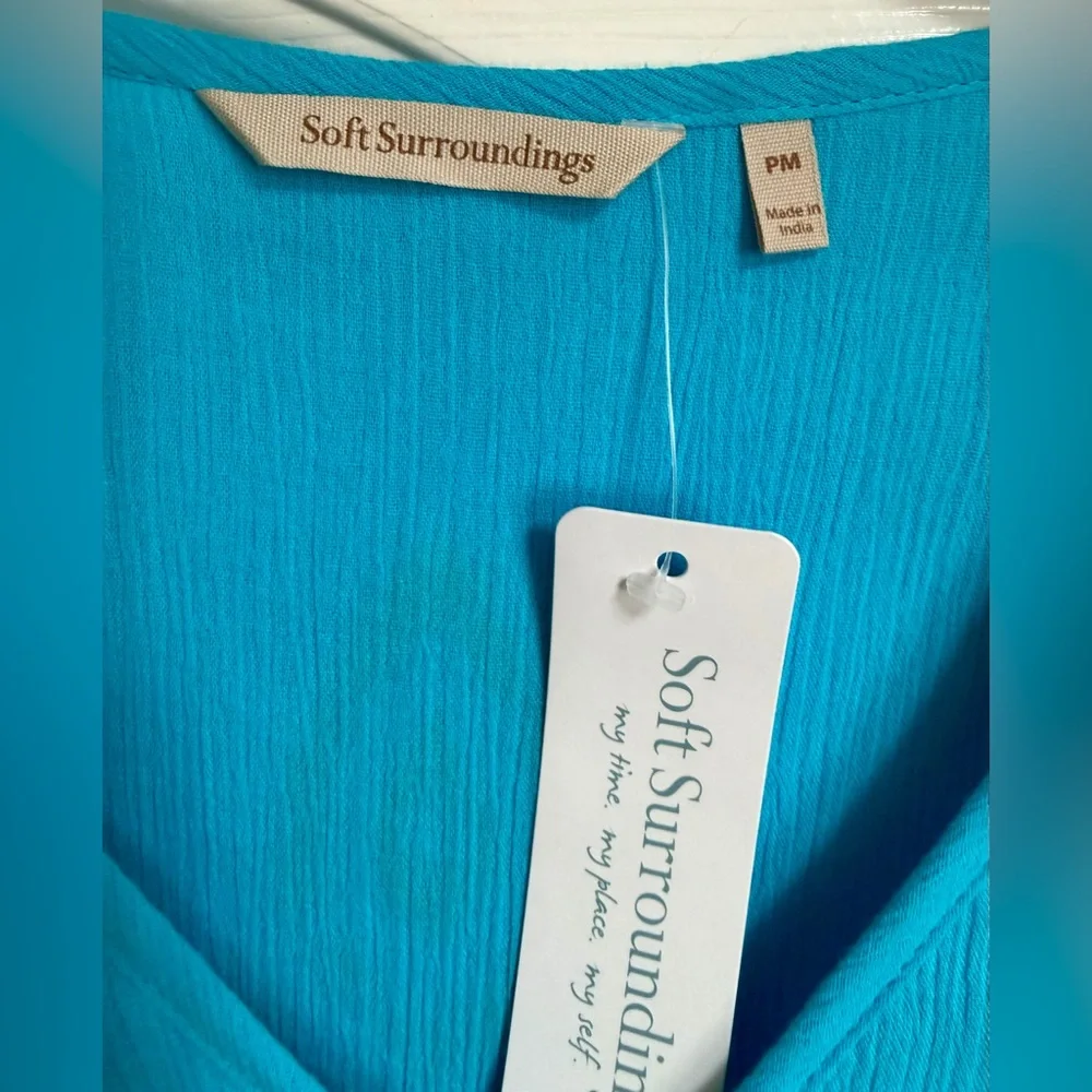 NWT Soft Surroundings Embroidered Tunic Dress Turquoise Gold Gauze Boho MP - Picture 3 of 9